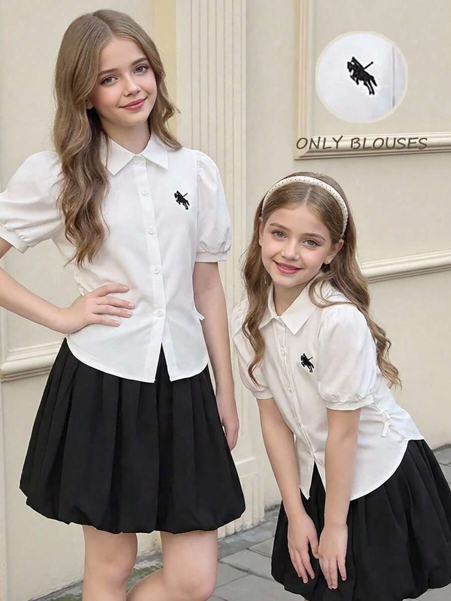 Tween Girls' Casual Vacation White Puff Sleeve Blouse, Spring/Summer Tops, Versatile For Vacation, Travel & Various Occasions - White - View 1
