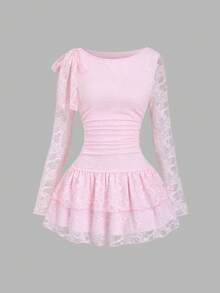 Sweetra Women's Elegant Commuting Daily Wear Pink Sexy Sheer Lace Mini Dress, Boat Neck, Bow Tie Waist, Ruched Waist, Tiered Skirt, Suitable For Summer Party And Occasions - Pink - View 7