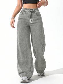 SHEIN ICON 女士带口袋阔腿宽松休闲百搭牛仔裤 - 淺色水洗藍 - 查看 6