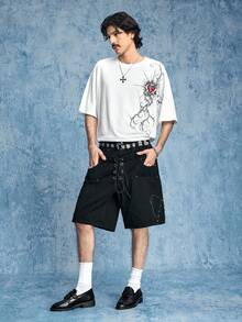ROMWE MEN Goth 男士休闲心形荆棘印花短袖白色T恤，时尚百搭，适合日常通勤和夏季穿着 - 白色 - 查看 7
