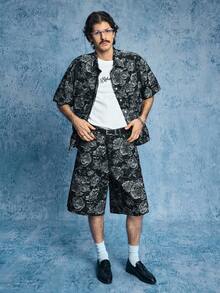 ROMWE MEN Street Life Men's Textured Pattern Button Casual Versatile Denim Shorts - Black - View 6