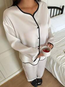 Dazy Plus Plus Size Comfortable Contrast Trim Front Button Long Sleeve Top And Pants Pajama Set, Autumn - Apricot - View 6