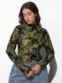 Maija 大码女式绿色花卉植绒网纱高领长袖上衣（不含胸罩）圣帕特里克节女装复活节夏季复活节女装派对上衣海滩夏季假期每个假期女装夏季外出毕业休闲花卉长袖上衣 - 軍綠色 - 查看 6
