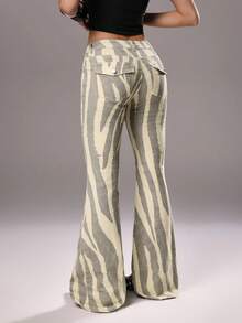 TRNVIE Fashionable Casual Street Style Zebra Print Low Waist Flare Jeans - Medium Wash - View 2