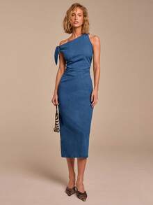 COSMINA Women's Denim Dress, Asymmetrical Shoulder Collar, Blue Denim Dress, Summer Outfit For Women, Summer Vacation Women's Denim Dress, Casual Daily Wear, Women's Relaxed Denim Dress - Blue - View 3