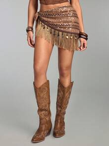 ROMWE Women's Retro Hippie Western Music Festival Sheer Glitter Fringe Hem Tie Waist Cover Up Skirt - Multicolor - View 1