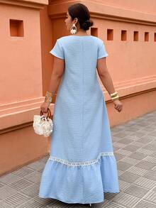 Breezaya 大码女式休闲度假沙滩仿亚麻蕾丝边V领短袖A字长裙，春夏款 - 藍色 - 查看 2