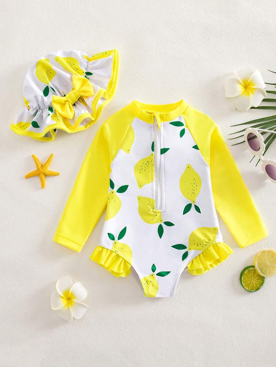 SHEIN Bộ đồ bơi liền thân phối màu họa tiết chanh cho bé gái, thích hợp cho kỳ nghỉ biển. - Màu vàng - Xem 1