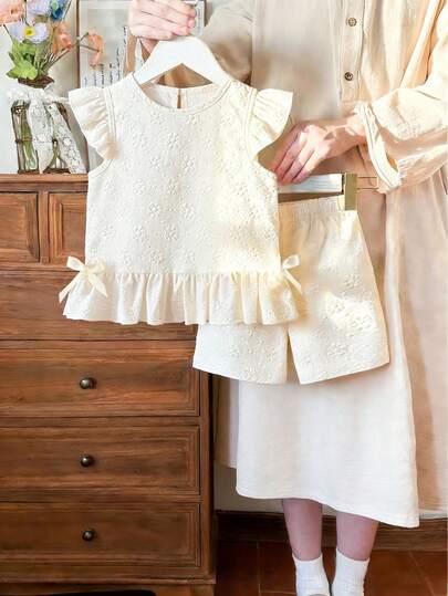 Conjunto de 2 piezas de top sin mangas con textura de jacquard de unicolor + shorts de unicolor con textura para niñas, adecuado para fiesta, escuela, exterior, juego, primavera/verano