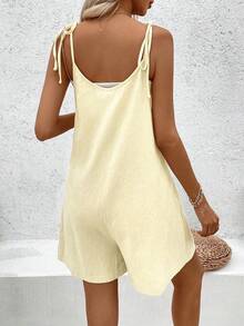 Breezaya Bộ áo liền quần cổ tròn bằng vải cotton mài, màu trơn, đính hạt. - Màu be - Xem 2