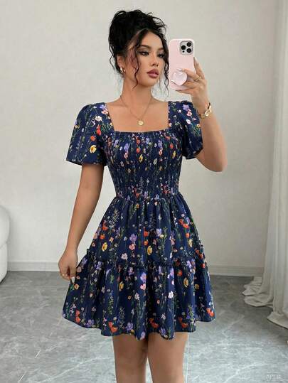 Rafferiza 女士优雅方领喇叭袖荷叶边短连衣裙，夏季