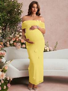 SHEIN Maternity Off Shoulder Floral Decor Casual Everyday Vacation Dress - Yellow - View 4