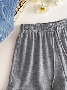 Resyla Women's Solid Color Elastic Waist Drawstring Ruffle Hem Casual Comfortable Breathable Shorts - Grey - View 7