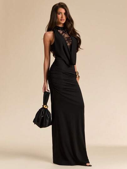 SHEIN BAE Vestido elegante de mujer con cintura ceñida y parches de encaje, adecuado para banquetes y fiestas