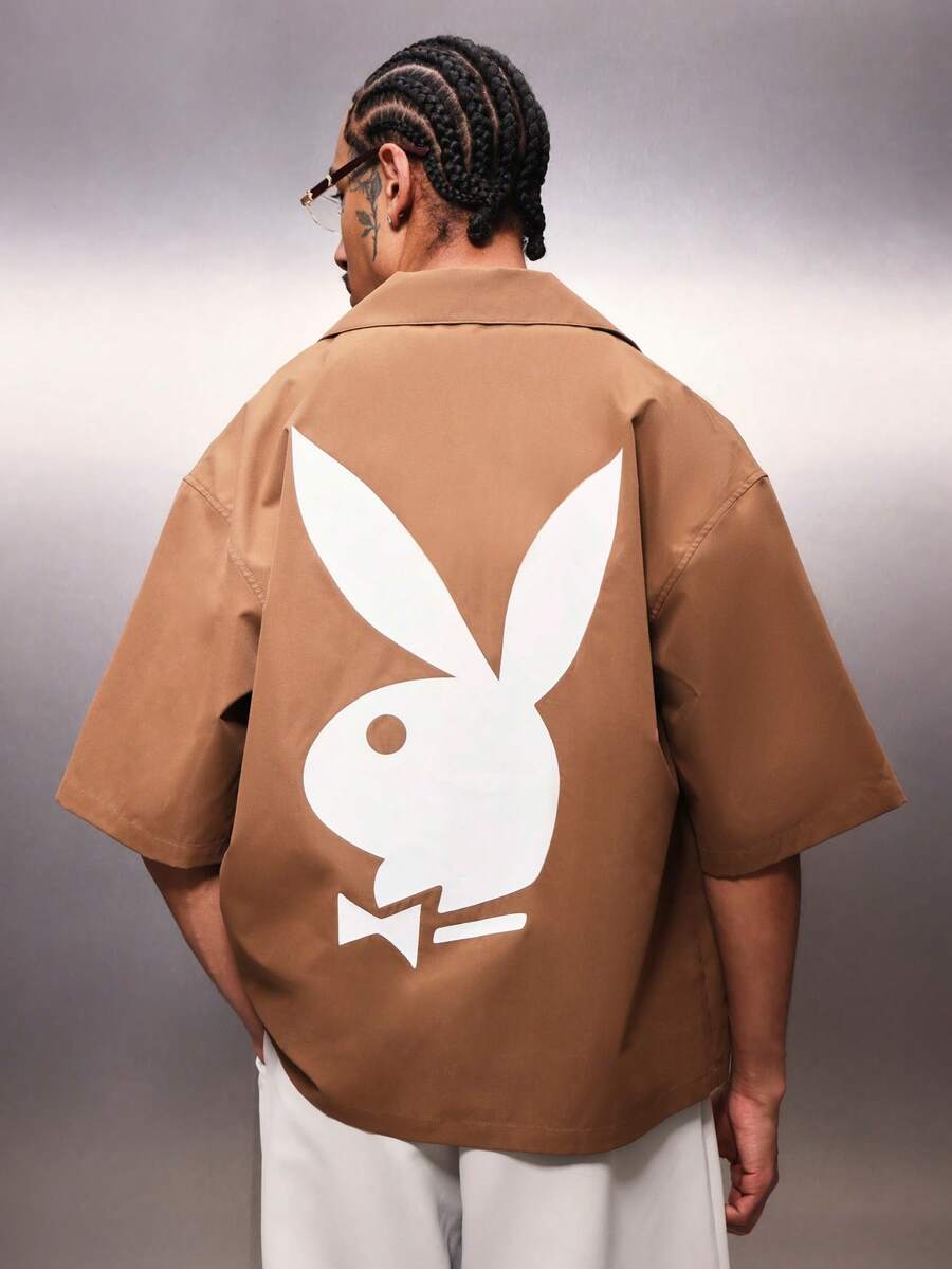 PLAYBOY X SUMWON Men's Essential Cropped Reviere Collar Short Sleeve Button Down Shirt With Bunny Logo Back Print Casual Summer Top - Brown - View 1