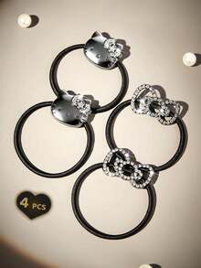 HELLO KITTY AND FRIENDS | SHEIN 4条装锌合金可爱卡通弹力发圈，镶钻蝴蝶结发带，黑色，适合扎高马尾，上学出行必备 - 彩色 - 查看 1