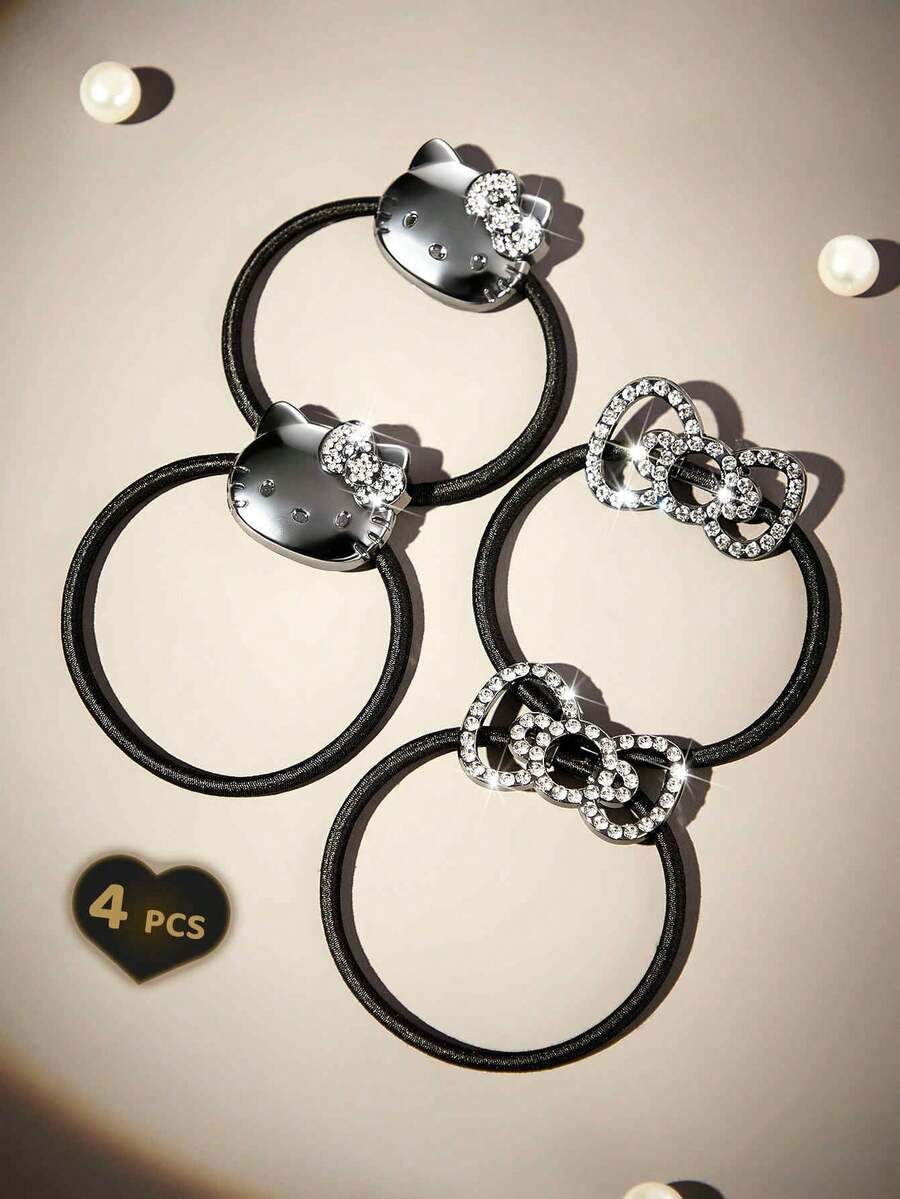 HELLO KITTY AND FRIENDS | SHEIN 4条装锌合金可爱卡通弹力发圈，镶钻蝴蝶结发带，黑色，适合扎高马尾，上学出行必备 - 彩色 - 查看 1