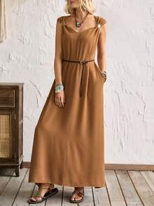Breezaya Women's Caramel Textured Slip Dress, V-Neck Loose Drape Elegant Dress With Metal Strap - Coffee - View 5