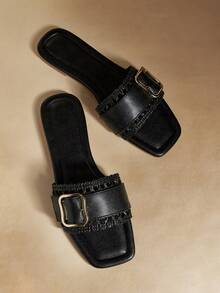 Rosivie 女士平底拖鞋 秋冬波西米亚风复古沙滩凉鞋 - 黑色 - 查看 1