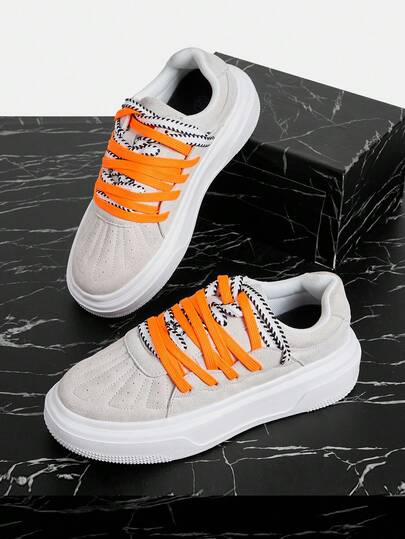 Vate Women's Thick-Soled Cushioning Muffin Sneakers, Breathable Splicing Suede, Multi-Color Contrasting Design, Lace-Up Solid-Color Round Toe Low-Top Thick-Soled Casual Shoes, Street-Style Women's Daily Walking/Travel, Spring And Autumn Contrasting Sneakers