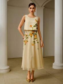 ZEYLAH Vestido de longitud media sin mangas con estampado floral de patchwork - Albaricoque - Ver 4