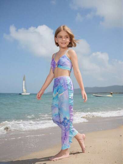 Bộ đồ bơi 3 mảnh cho bé gái, bikini in hoa dễ thương với dây đeo có thể điều chỉnh, thích hợp cho bãi biển, tiệc tùng, kỳ nghỉ.