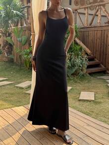 Livesso 黑色吊带露背系带性感紧身连衣裙，适合音乐节、情人节、婚礼、时尚派对、休闲、海滩等场合，女士夏季长款连衣裙，邮轮度假装扮，女士吊带裙 - 黑色 - 查看 8