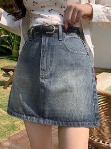 DAZY Chân váy denim nữ đa năng, thoải mái, phù hợp đi làm hàng ngày, có túi. - Màu xanh lam - Xem 5