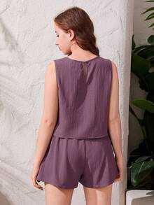 SHEIN Teen Girl's Casual Sleeveless Solid Light Purple Textured Fabric Set, Spring/Summer - Dusty Purple - View 2