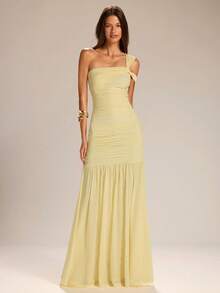 SHEIN BAE 女士纯黄色不对称肩部A字连衣裙，优雅度假裙，伴娘礼服，适合毕业季穿着 - 黃色 - 查看 4