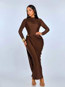SOLERSUN Sexy Elegant Kink Decorative Buckle Side Stacked Pleated Fake Two-Piece Party Dress - Coffee - View 6