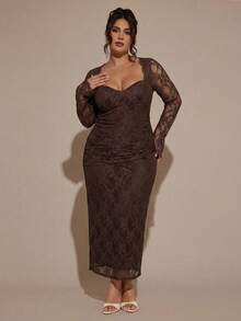 SHEIN BAE Đầm ren dài tay cỡ lớn dành cho nữ, đầm thanh lịch. - Cà phê nâu - Xem 1