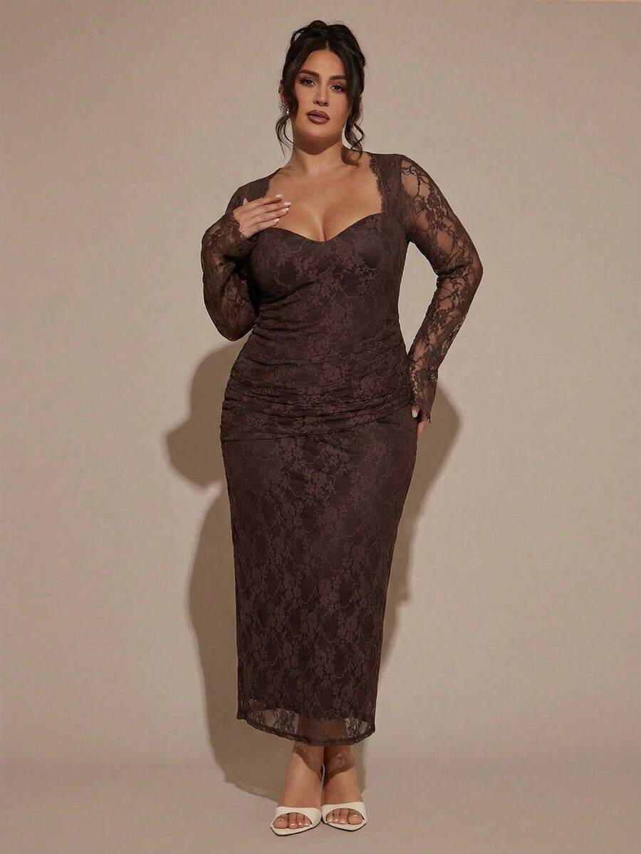 SHEIN BAE Đầm ren dài tay cỡ lớn dành cho nữ, đầm thanh lịch. - Cà phê nâu - Xem 1