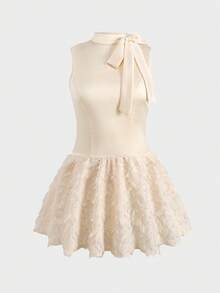 少女优雅派对夏季纯色无袖蝴蝶结装饰连衣裙 - 杏色 - 查看 5