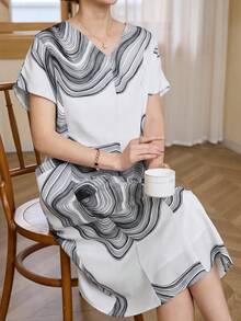 Vivie Lora Women's V-Neck Geometric Pattern Waist Cinched Mid-Length Dress - Black and White - View 1