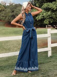 SHEIN Holidaya Sleeveless Wide Leg Denim Jumpsuit, Casual Vacation Spring Summer  Vacation - Blue - View 4