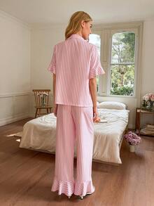 Snug Reverie Conjunto de pijama de mujer con mangas cortas, estampado de burbujas, puños y dobladillo con volantes - Multicolor - Ver 2