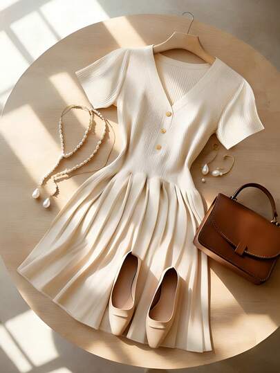 Franclia 女士休闲优雅日常百搭纯色V领修身短袖金属纽扣喇叭下摆设计常规短款针织毛衣连衣裙，春夏款