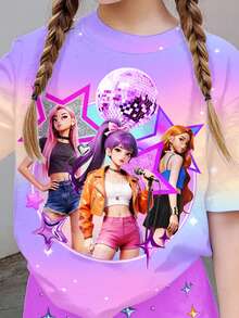 SHEIN 紫色扎染印花，星光钻石梦幻印花图案，少女休闲简约短袖T恤短裤两件套，适合夏季穿着 - 彩色 - 查看 4