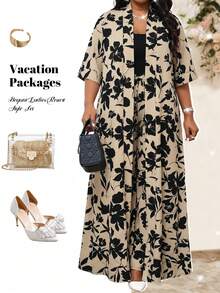 SHEIN Lady Bộ áo choàng và quần dài in hoa dành cho nữ cỡ lớn, kiểu dáng thường ngày, gồm 2 món. - Nhiều màu - Xem 5