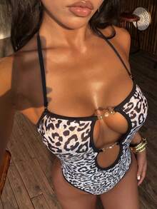 Swim Vcay 女士夏季度假沙滩豹纹镂空露背连体泳衣 - 彩色 - 查看 4