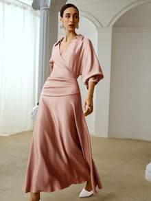 ZEYLAH Spring & Summer Elegant Wrap-Style Collared Long Sleeve Cinched Waist Fishtail Dress - Pink - View 6