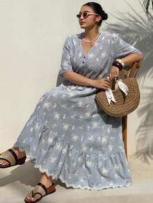 Dazy Plus Plus Size Striped Print Embroidered V-Neck Tassel Decor Short Sleeve Dress - Blue - View 8