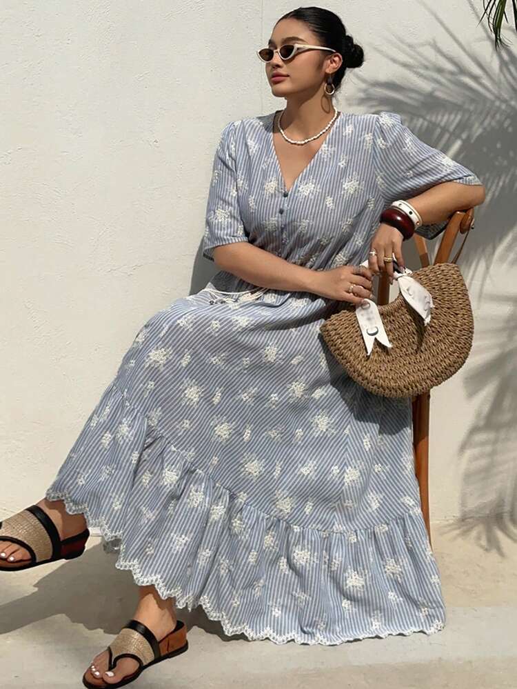 Dazy Plus Plus Size Striped Print Embroidered V-Neck Tassel Decor Short Sleeve Dress Boho