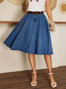 EMERY ROSE Women's Casual Denim A-Line Midi Skirt, Suitable For Daily Commute - Dark Wash - View 1