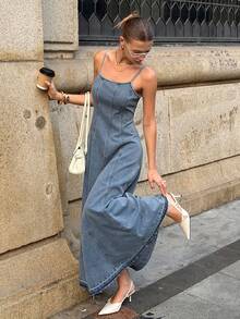 Siren Gaze Đầm denim nữ không tay, thắt eo, kiểu dáng thường ngày, thích hợp cho mùa hè. - Rửa nhẹ - Xem 1