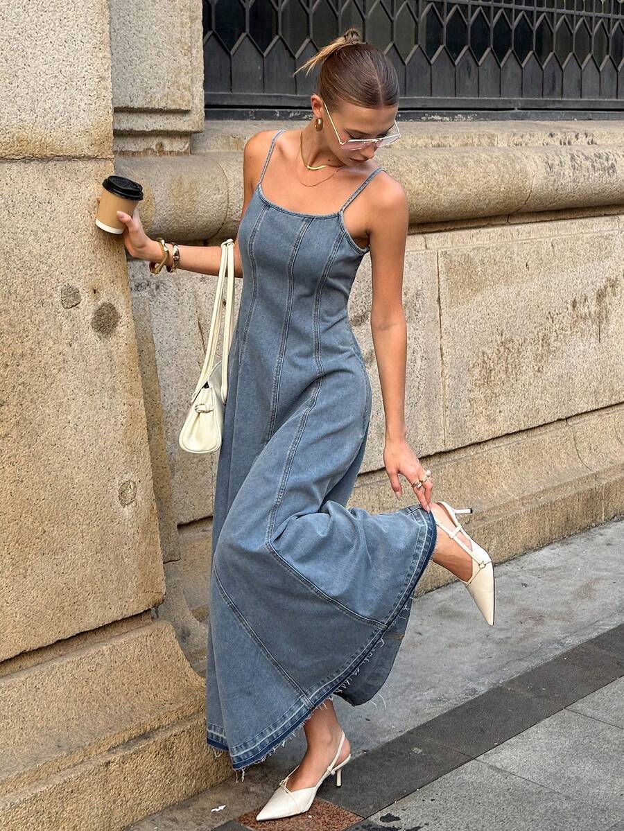 Siren Gaze Đầm denim nữ không tay, thắt eo, kiểu dáng thường ngày, thích hợp cho mùa hè. - Rửa nhẹ - Xem 1