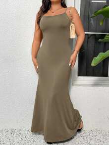 SHEIN Privé Đầm maxi hai dây dáng ôm thoải mái, thanh lịch, tối giản, dành cho kỳ nghỉ hè, cỡ lớn, thích hợp cho mùa xuân/hè. - Màu Khaki - Xem 1
