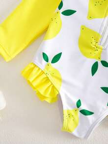 SHEIN 女婴撞色柠檬印花连体泳衣，海滩度假 - 黃色 - 查看 6