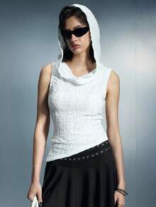 Airlisse Women's Vintage Distressed Design Sleeveless Hooded Tank Top, Fashionable For Spring/Summer White Vest For Y2K Girl - White - View 7